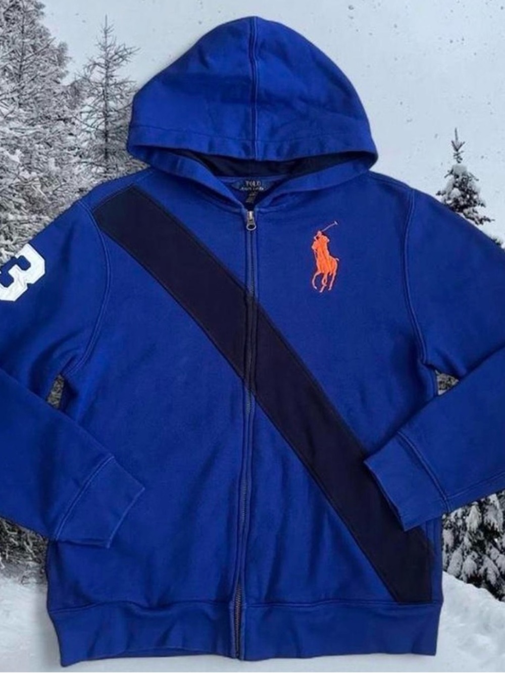 Ralph Lauren Blue Hooded Zip-Up Jacket with Navy Diagonal Stripe and Orange Polo